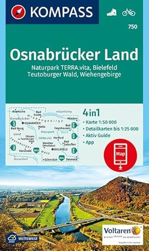 KOMPASS Wanderkarte Osnabrücker Land: 4in1 Wanderkarte 1:50000 mit Aktiv Guide und Detailkarten inklusive Karte zur offline Verwendung in der ... (KOMPASS-Wanderkarten, Band 750)