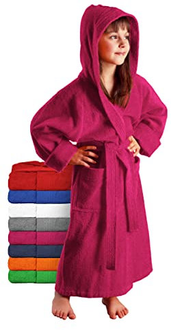 Arus - Peignoir de Baine Enfant, Fille, Garçon et Ado, à Capuche, 100% Coton Tissu Éponge, Couleur : Framboise, Taille: 116