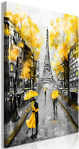 decomonkey Bilder Paris Menschen 60x90 cm 1 Teilig Leinwandbilder Bild auf Leinwand Vlies Wandbild Kunstdruck Wanddeko Wand Wohnzimmer Wanddekoration Deko Eiffelturm Frankreich Gelb Regen