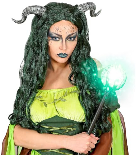 W WIDMANN MILANO Party Fashion - Perücke Waldhexe mit Hörnern | Grüne Langhaarperücke für Feen und Magierin Look an Halloween, Karneval und Mottoparty