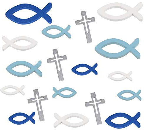 O-Kinee Holzfische Taufe Deko Junge Taufdeko, Holz Fische Kreuz Deko Streudeko Tischdeko Blau Silber für Taufe, Kommunion, Konfirmation- 120 Stück