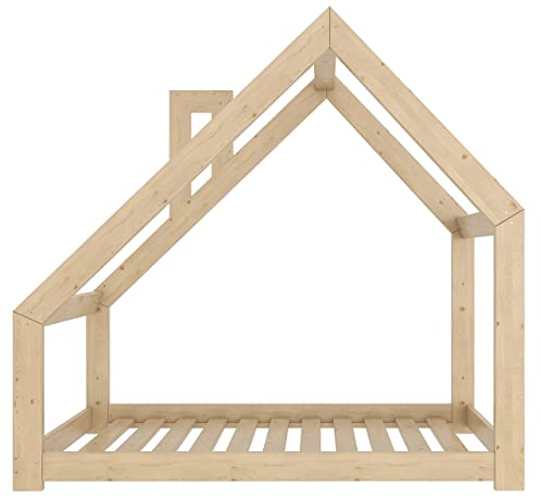 Need Sleep Kinderbett Kinder Hausbett 70x140 Bodentief ohne Rausfallschutz mit Lattenrost Schornstein Kleinkind Bodenbett Haus ab 2 Jahre Montessori Bett aus Holz Mädchen Junge Asymmetrisch