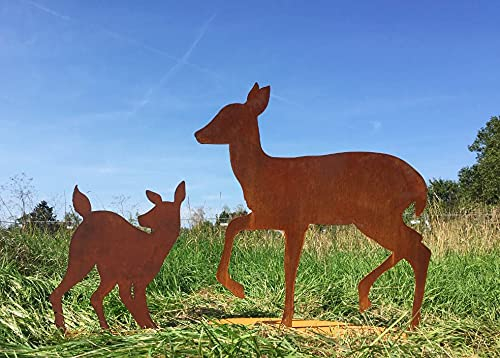 2er Set REH gehend 93cm mit Rehkitz 60cm lebensgroß Hirsche Kitz Geweih Rehe Rost Edelrost Metall Tier + Original Pflegeanleitung von Steinfigurenwelt
