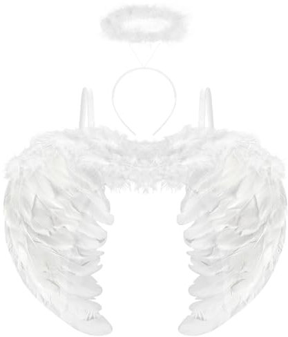 Aurasky Alas de Angel Blanco, Diadema Angel, Alas y Halo de Ángel, Disfraz Angel Niña, Alas Blancas para Niños Adultos Mascarada Halloween Carnaval Cosplay Fiesta