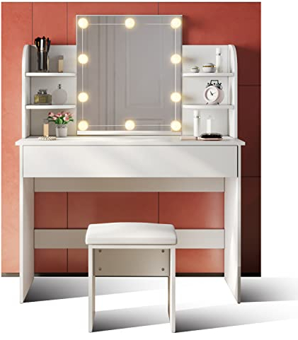 SUNXURY Schminktisch 108cm Breite mit Stuhl und LED Beleuchtung B108xT40xH140 cm Kosmetiktisch mit Großer Spiegel Schubladen Mädchen Damen Schminktisch