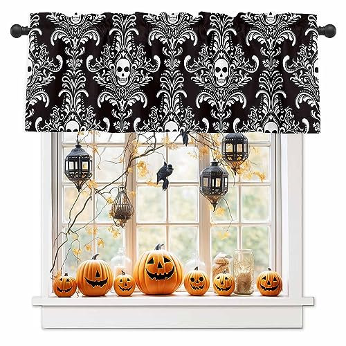 Litter Star Fenstervolant Stange Tasche Panel für Küche Schlafzimmer Fenster Halloween Gruseliger Schädel Skelett Damast Blume Volants Kurz Vorhang Badezimmer Behandlung Vorhänge Schwarz und Weiß