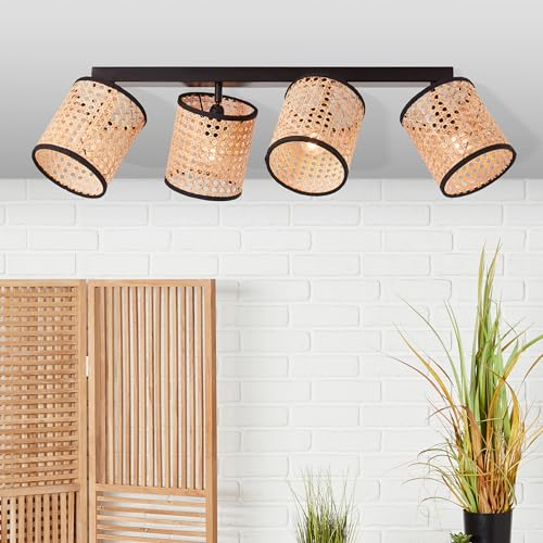 Lightbox 4 flammiger Deckenstrahler im Nature-Style - Spotbalken mit schwenkbaren Köpfen - Metall/Rattan Braun/Schwarz