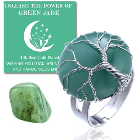 Halukakah Naturstein Kristallring - LUNARLIEBE - Handgefertigt Plattiert mit Platin Wickeldraht Lebensbaum, Grüne Jade Vollmondform, Größenverstellbar, Geschenk für Sie
