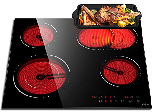 Ceramic Hob, 4 Zone Built-in Electric Hob 60cm, Ceramic Cooktop with Touch Control, 6600W, 9 Power Levels, Dual Ring Zone, Oval Zone, Timer, Child Lock, for All Pots, Hard Wired, without Plug