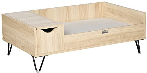 PawHut Canapé lit Panier surélevé pour Chien et Chat avec Coussin Moelleux et Rangement Housse Lavable, Pieds en Acier Aspect Bois Clair