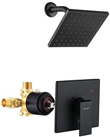 Esnbia Matte Black Tub Shower Kit, 6-Inch Rain Head, Valve, Trim Kit