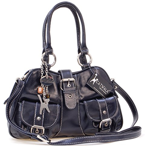 Catwalk Collection Handbags - Damen Leder Henkeltasche - Umhängetasche/Handtasche Mittelgroß - Verstellbarer Abnehmbarer Gurt - Faith - Blau