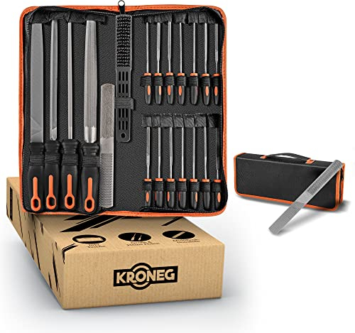 KRONEG Set di lime in acciaio di alta qualità per legno, metallo e plastica, set di lime con croce, lime per chiavi, custodia per il trasporto, spazzola metallica e lima 4 in 1