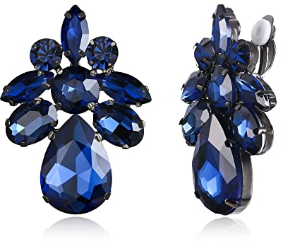 EVER FAITH Strass Ohrclips Art Deco Blume Clip-on Ohrringe für Damen Mädchen Blau