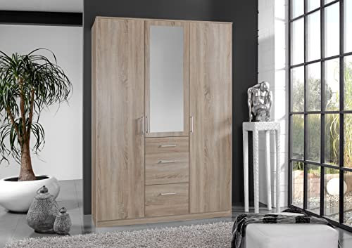 möbelando Kleiderschrank Click aus Spanplatte in Eiche-Sägerau-Nachbildung mit 3 Schubladen und 3 Türen. Abmessungen (B/H/T) 135x198x58 cm