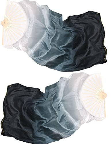 Haowul Belly Dance Fan 2pcs Real Silk Fan Veils Dyed Color Long Dancing Fan Left+right Hand Foldable Fan for Party Performance