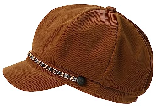 MIRMARU Klassische Mütze für Damen, mit Visier, Baker-Boy-Stil, Newsboy, Cabbie, Winter, gemütlich, mit komfortablem, elastischem Rücken, Taupe mit Kette, Einheitsgröße-M