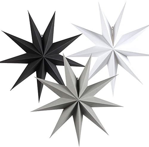 FINGOOO Paper Christmas Decorations, 3 Pcs 9 Pointed Paper Star Hanging Decoration Xmas Tree Décor for Home Wedding Party Decoration