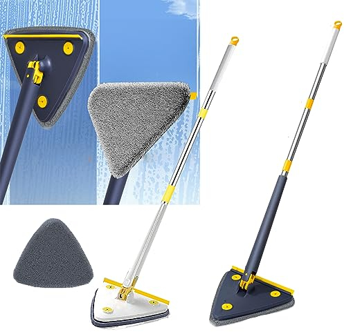 Hooha Fensterputzer Wischmopp Mit Auswringfunktion 2 in 1 Fensterwischer Teleskopstiel 127cm, 360°Drehbarer für Glas/Fenster/Baño/Boden/Auto (Blau)
