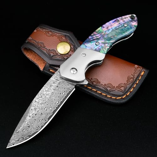KOMWERO Damast Taschenmesser Hochwertig mit Damaststahl Klinge, Abalone Muschel Griff, Messerscheide - Scharfe Damast Klappmesser für Männer Jagd Sammeln Geschenk