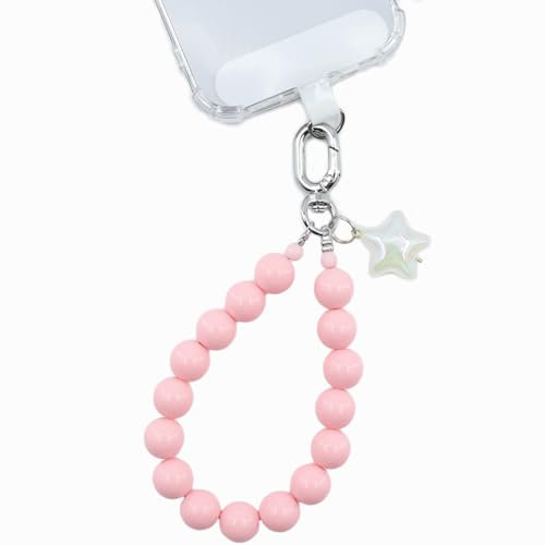 Qyoocom Handyanhänger,Handykette Perlen Bunt Kurz,Handy Universal Perlen Schlüsselband Abnehmbares Geeignet für alle Smartphones mit 2 Patch (Rosa Perlen 14mm)