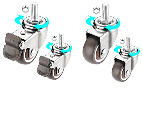 Möbelrollen mit M6/8/10-Gewinde, mit Bremsgummirädern, 4 Räder, Tragfähigkeit 200 kg, Lenkrollen für Bürostühle, Ersatzrollen für DIY-Trolley, M10-2nobrakes+2brakes