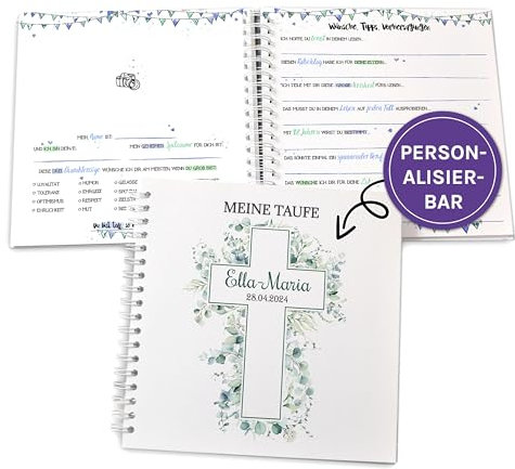 Gästebuch zur Taufe mit vorgedruckten Fragen zum Ausfüllen für die Gäste als Erinnerung, mit Name und Datum personalisierbares Erinnerungsalbum Eukalyptus, Taufgeschenk, Kreuz