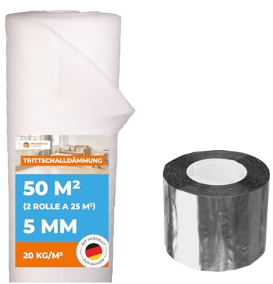 Trittschalldämmung 5 mm Profi Basic 50 m² 2 Rollen + 1 Rolle Aluminium Klebeband | Laminatunterlage und Parkettunterlage zur Schall- und Wärmedämmung | Fußbodenheizung