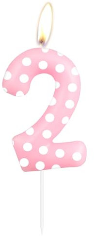 Number 2 Birthday Cake Topper, Happy Birthday Candles Decorated with Lovely Pink and White Dots Birthday Candles Decorated with Girls and Children