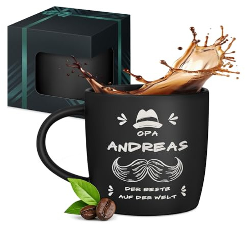 Maverton Keramik Kaffeebecher 400ml mit Gravur, schwarze Kaffeetasse | Kaffeebecher aus Matt Keramik mit Henkel, Trinkbecher Männer zum Geburtstag zu Weihnachten, matt schwarz, Innen schwarz, Opa