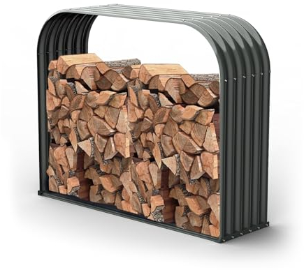 A ANLEOLIFE Kaminholzregal aus verzinktem Stahl, für den Außenbereich, Wellblechregal, robuster Holzhalter, Holzaufbewahrungsständer, Trio-Grau