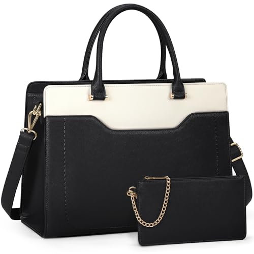 RAINSMORE Shopper Damen Groß Laptop Handtasche Damen 15.6 Zol PU Leder Arbeitstasche Lehrertasche Wasserdicht Laptoptasche mit Geldbörse für Business Büro Schule Schwarz+Weiß