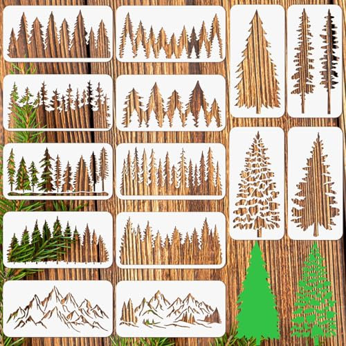 ORIGACH 14 plantillas de pino para pintar en pared de madera, plantillas reutilizables para pintura de árbol grande para tela, lona, ventana, muebles, decoración del hogar