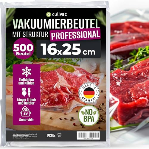 culivac Vakuumierbeutel 500 Vakuumbeutel 16x25cm Premium, Folienbeutel für jedes Folienschweißgerät Vakuumiergerät Vakuumierer, Vakuumierfolie Professional sous vide, Made in Germany, BPA-frei