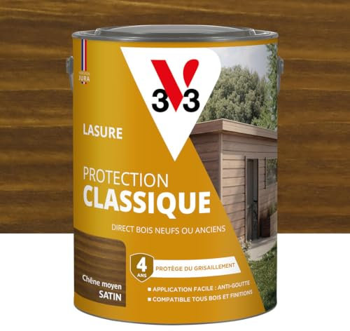 V33 Lasure Bois extérieur Chêne moyen - Protection Classique 4 ans - Protège du grisaillement - Direct bois neufs ou anciens - Texture anti-goutte - 5L