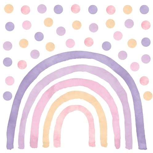 Wally Fox - Wandtattoo Kinderzimmer - Kinderzimmer Deko - Wandtattoo Kinderzimmer Mädchen - Wanddeko, Wandsticker Punkte, Kreise - Lila Regenbogen XL + 50 Stück Punkte/Tupfen