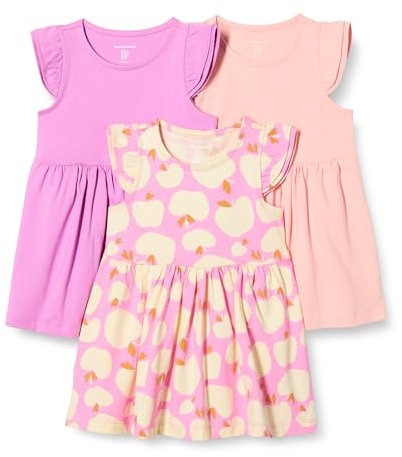 Amazon Essentials Robe en Jersey à Volants Fille, Lot de 3, Mauve/Pommes/Rose, 4 Ans
