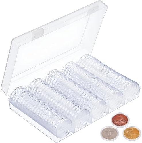 vcsjw 100 cápsulas de monedas de 27 mm, transparentes, almacenamiento de monedas con caja de almacenamiento, cápsulas perfectas para colección de monedas, coleccionistas de monedas y exhibición de