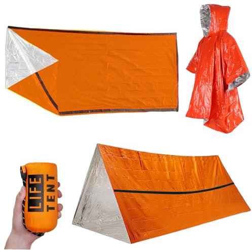 WIYETY Sacco da bivacco di emergenza riutilizzabile, tenda di emergenza con sacchetto di trasporto, fischietto di segnalazione e poncho antipioggia di emergenza, tenda di salvataggio per campeggio,