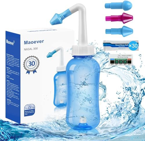 Neti Pot - Botella de enjuague sinusal, limpiador de nariz, enjuague a presión, riego nasal para adultos y niños, sin BPA, 300 ml, con paquetes de sal de lavado nasal y termómetro adhesivo (azul cian)