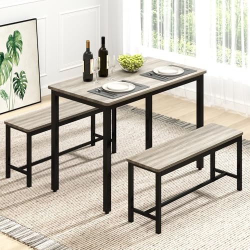 Rovibek Esszimmertisch Stühle Set für 4 Personen, moderner platzsparender Küchentisch mit 2 Bänken & verstellbaren Füßen, Frühstückstisch, Bauernhaus, Holz, Industriestil, 109,2 cm, Grau