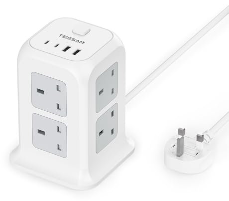 Tower Extension Lead 4 USB Slots (2 USB C), TESSAN Extension Lead 13A 3250W, 8 Way Multi Plug Socket Power Strip with Switch, Multiplug Adaptor with 2M Cable for Home, Office, School