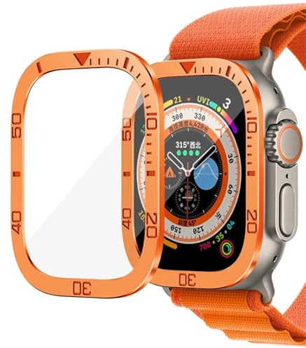 HKTS Vidrio templado para Apple Watch Ultra 2 49mm Protector de pantalla marco de Metal antiarañazos para IWatch Series Ultra 49mm Accesorios(Orange)