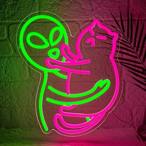 Lxmoneon Cat Alien Neon Sign Green Pink Led Neon Signs USB Alien Neon Light Sign Dimmable Cat Neon Wall Sign Animal Neon Light for Bedroom Game Room Kid's Room Bar Club Pet Shop Party Gift