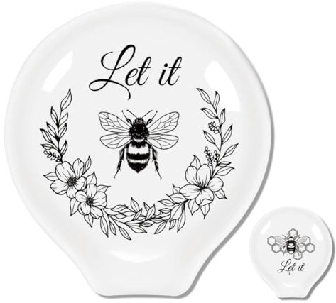 ANATTASOUL Spoon Rest for Stove Top, Printed Bee and Hive Ceramic Spoon Holder for Kitchen Counter, Modern Farmhouse Decor Accessories for Spatula, Spoons or Tongs