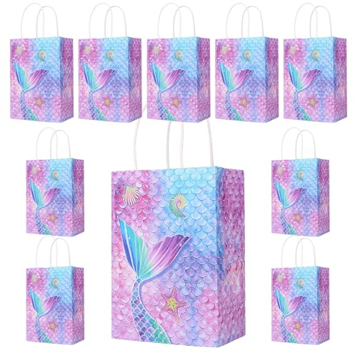10 Stück Meerjungfrau Geschenktüten – Bunte Papiertüten mit Henkel für Kindergeburtstag, Mädchen Party Taschen, Gastgeschenke Tüten für Mitgebsel & Deko