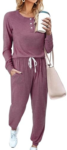 Magritta Co Ord Sets for Women Two Piece Outfits Long Sleeve Tracksuit Lounge Wear Sets V Neck Loose Bottoms Sweatshirts and Baggy Fall Winters Joggers with Pockets Wine Red Medium, 12-14
