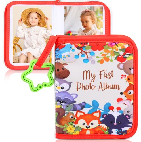 Baby Fotoalbum mit Hakenspiegel für 17 Fotos,Erstes Familienfotoalbum für Neugeborene,Hübsches Stofffotobuch,Mein erstes Fotobuch Erinnerungsalbum,Geschenk die Neugeborenenfamilie (Rot)