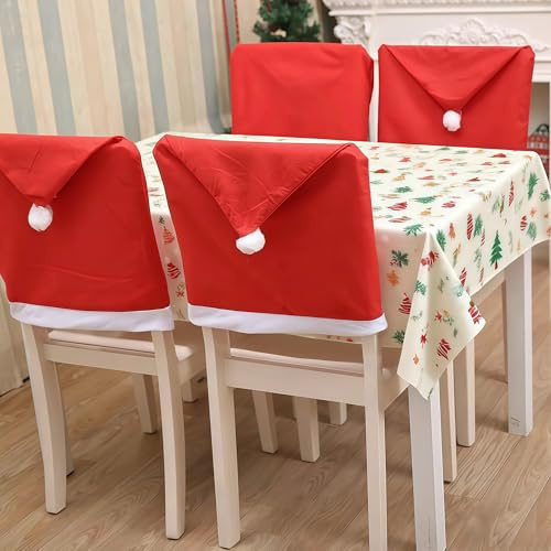 CZSYZCZS 4PCS Weihnachtsstuhl Abdeckungen, roter Weihnachtsmann Hut Slipcover Weihnachtsstuhl Rücken Abdeckung für Weihnachts Esszimmer Dekoration