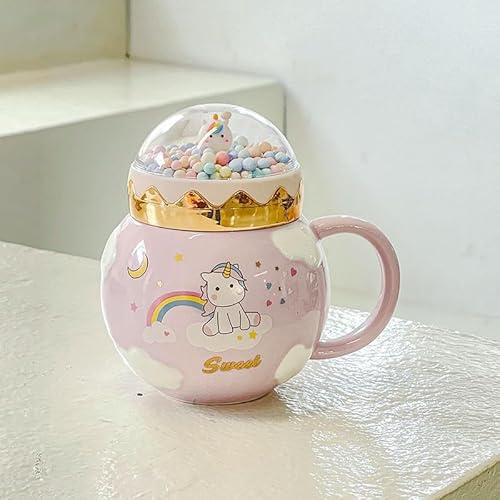 HUMOCHUSON Cappuccino Cup 450Ml Ceramic Mug with Unicorn Landscape Lid for Women and Children - Purple